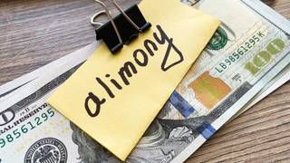 A manila envelope with &quot;alimony&quot; written on it in black marker clipped to paper money.